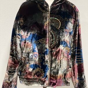 Purple and Blue Velvet Bomber Jacket with Artistic Design